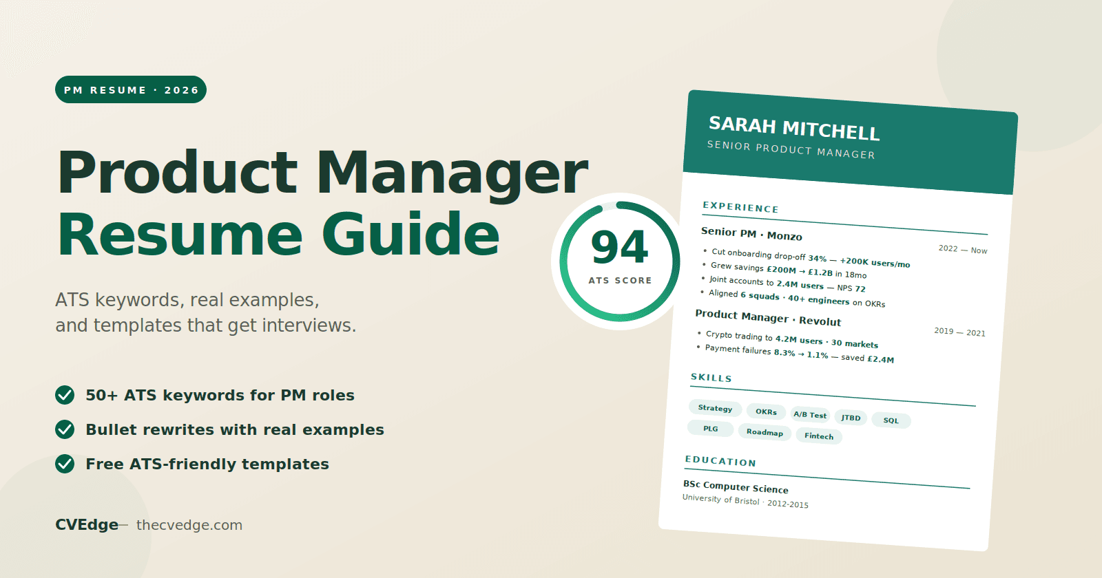 Product Manager Resume Guide 2026: ATS Keywords, Examples & Free Templates